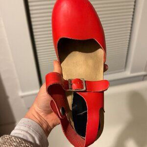 Bjorn Red Leather handmade Swedish style clogs, size EU 39